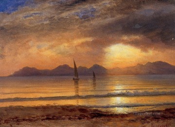 Puesta de sol sobre un lago de montaña Playa Albert Bierstadt Pinturas al óleo
